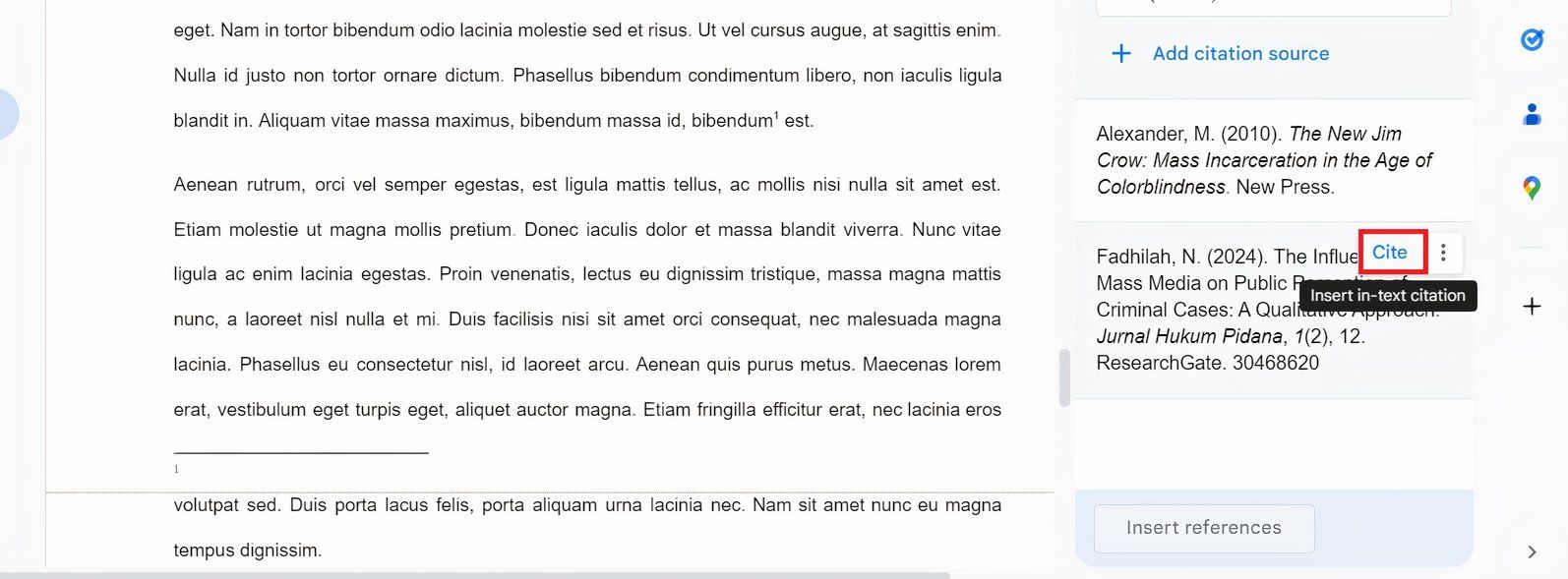 Пример сноски с цитатой в Google Docs.