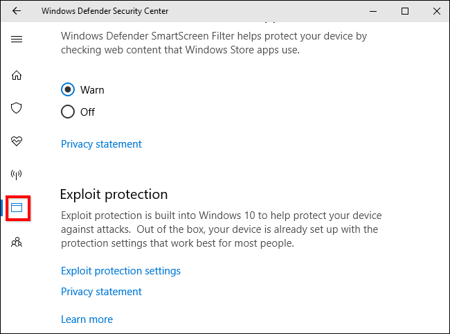 Секция Exploit protection в центре безопасности Windows Defender