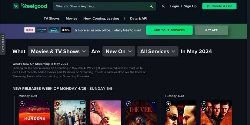Приложение Reelgood: объединённый список на экране.