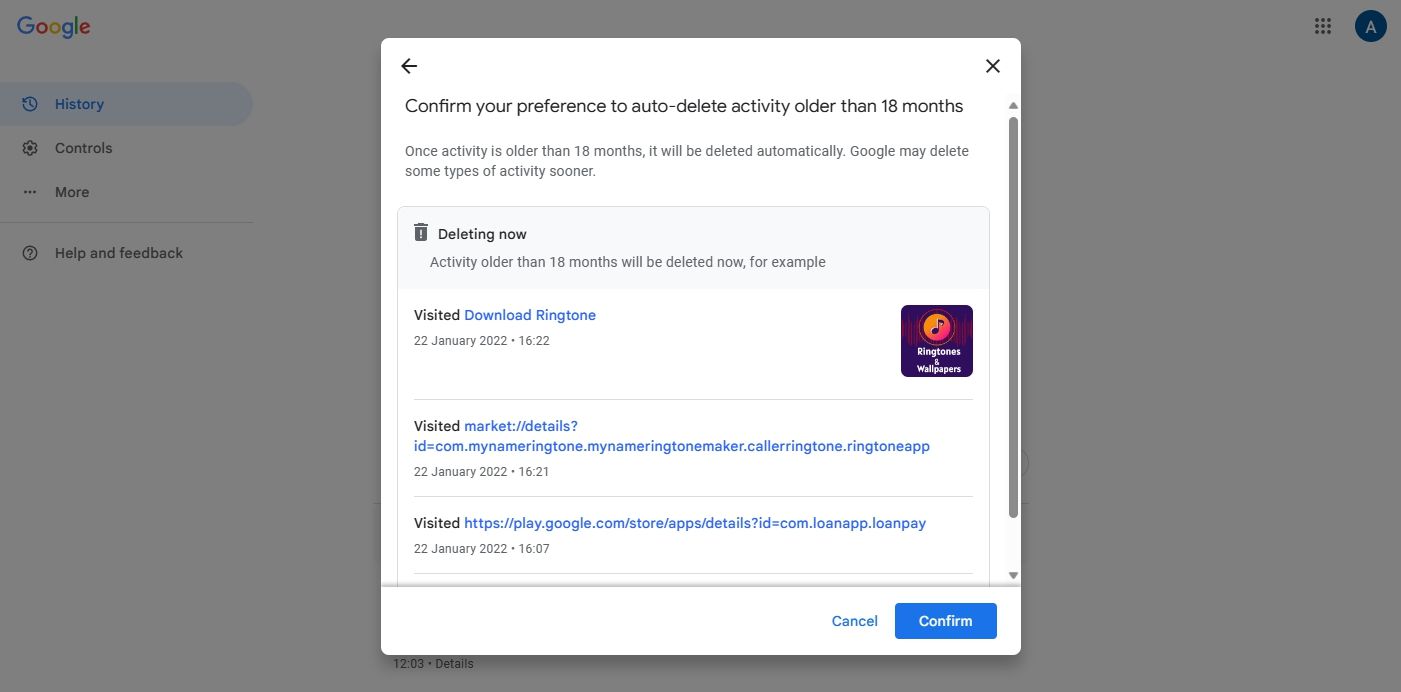 Кнопка подтверждения на странице Google Моя активность