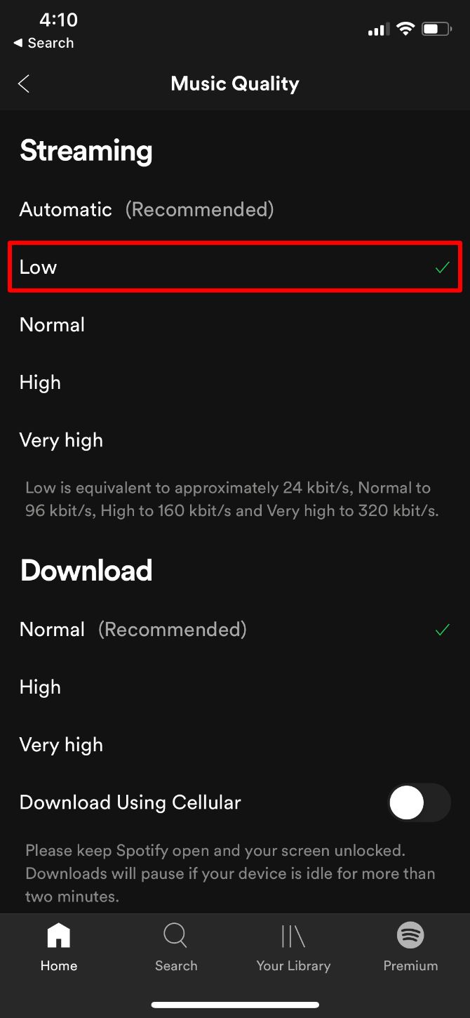 Параметры качества музыки в Spotify