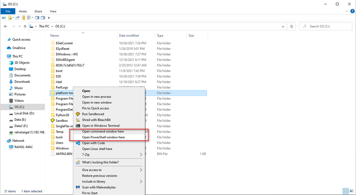 Выполнение команды из папки platform-tools в Windows
