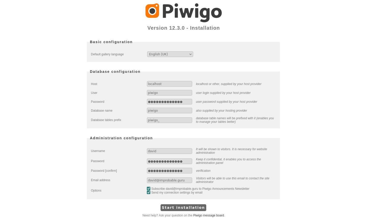 Экран базовой конфигурации Piwigo