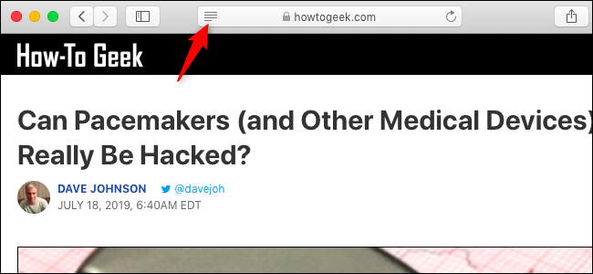 Иконка «Читатель» в Safari — несколько строк текста слева от адресной строки.