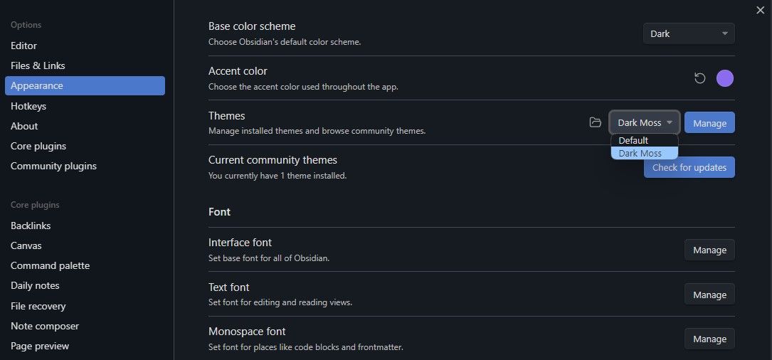Переключение тем в Obsidian через выпадающее меню