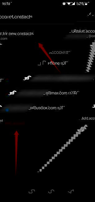 Выбор учётной записи по умолчанию для новых контактов