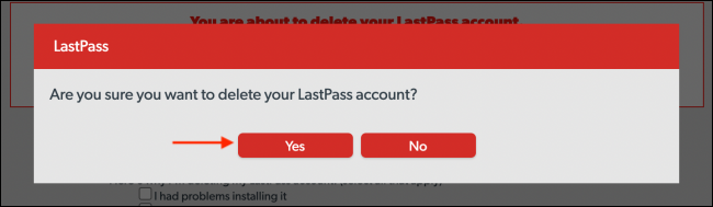 Всплывающее окно подтверждения удаления LastPass