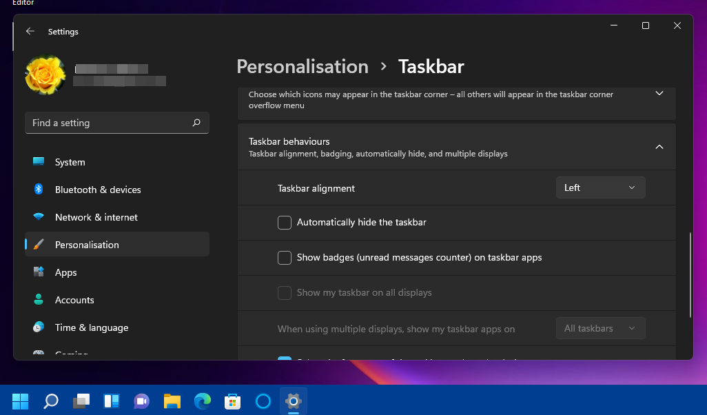 Параметр выравнивания панели задач