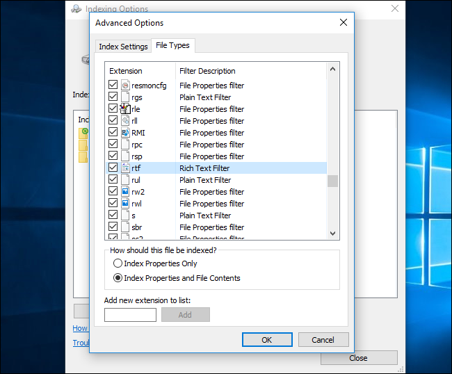 Вкладка Типы файлов в дополнительных параметрах индексирования