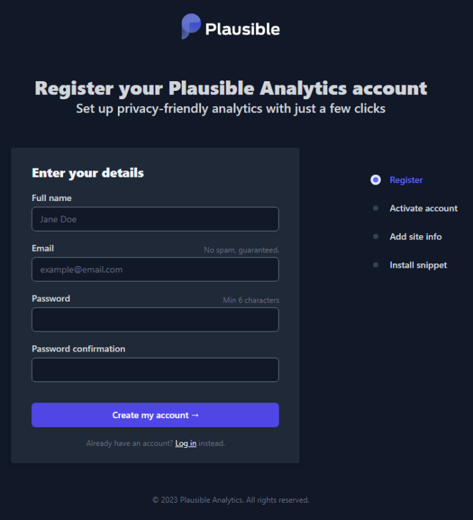 Экран регистрации пользователя Plausible