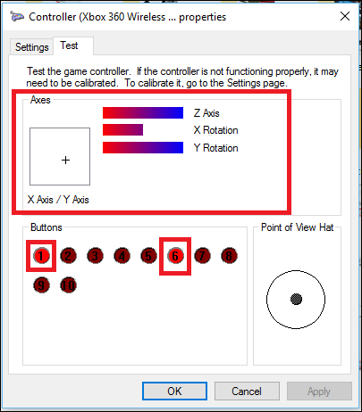 Скриншот тестовой области с реакцией осей и кнопок на ввод