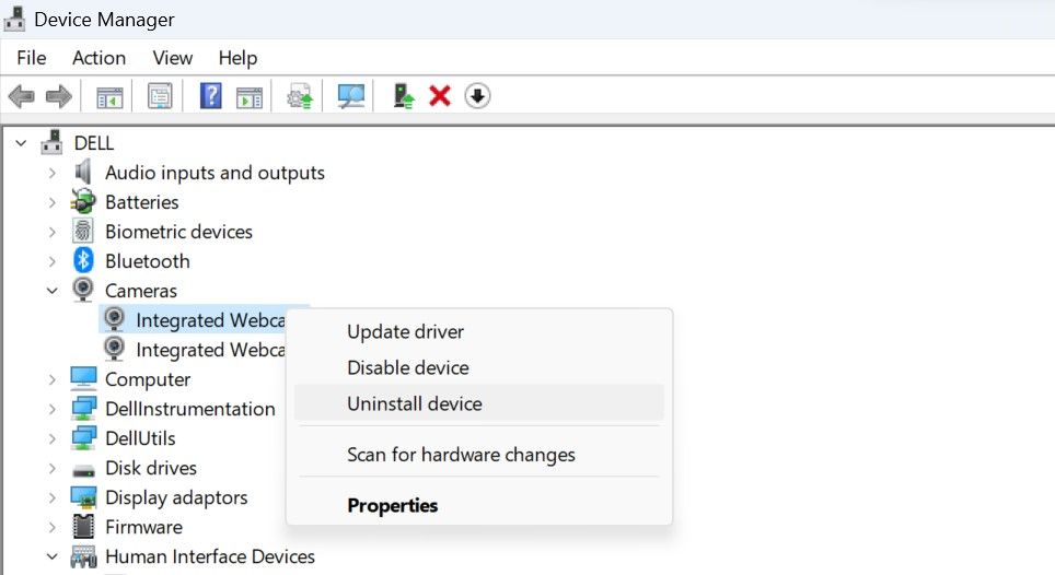 Удаление драйвера камеры в Диспетчере устройств