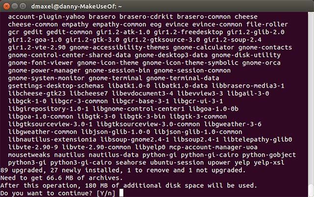 Терминал Ubuntu с командами обновления GNOME