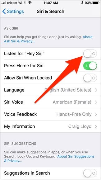 Скриншот: выключение «Слушать ‘Привет, Siri’» в настройках