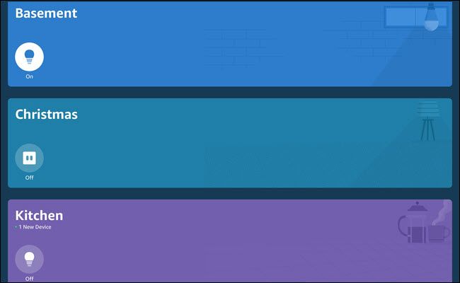 Alexa app with groups named Basement, Christmas, and Kitchen