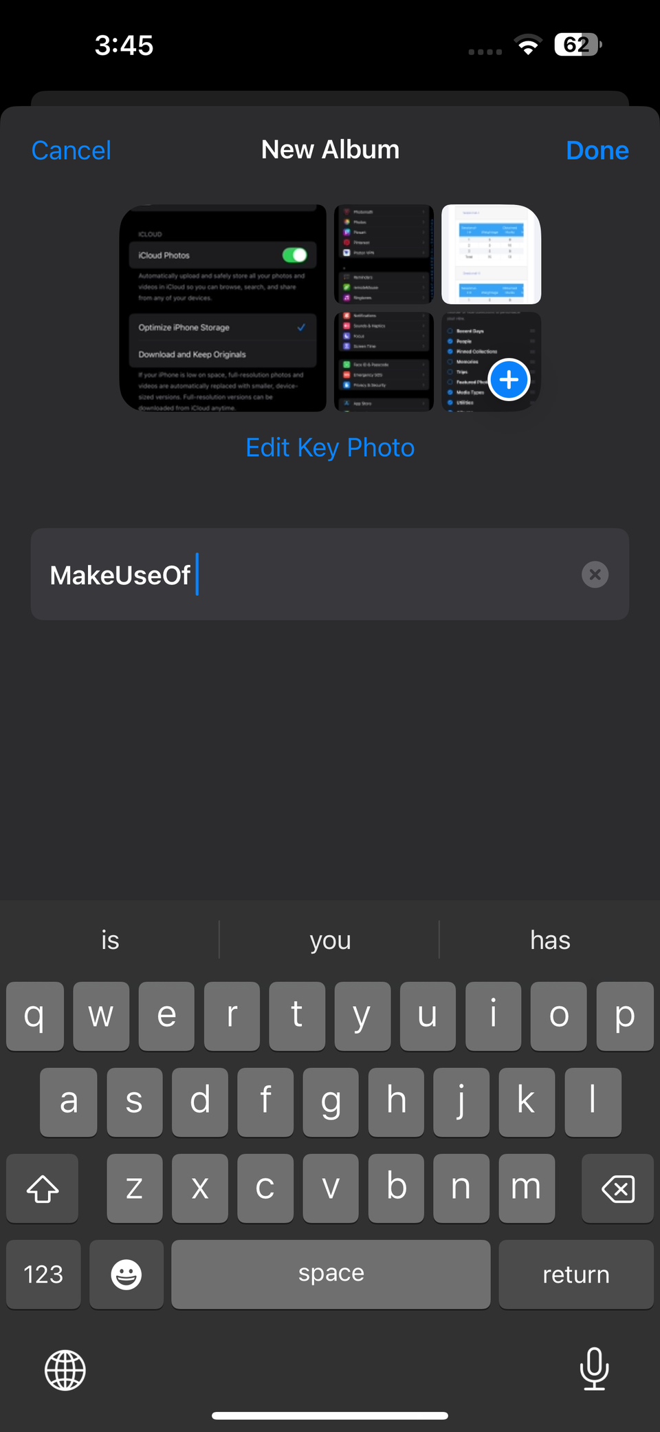 Настройки нового альбома: имя и ключевое фото