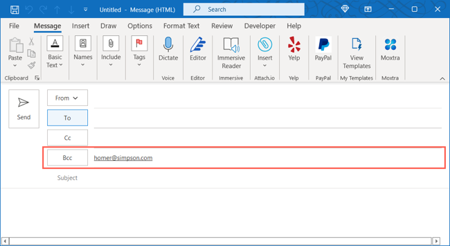 Поле BCC с добавленным адресом в Outlook на Windows