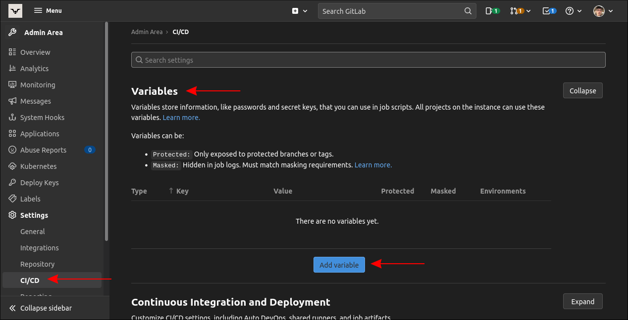 Окно добавления переменной в GitLab CI с формой ключа и значения