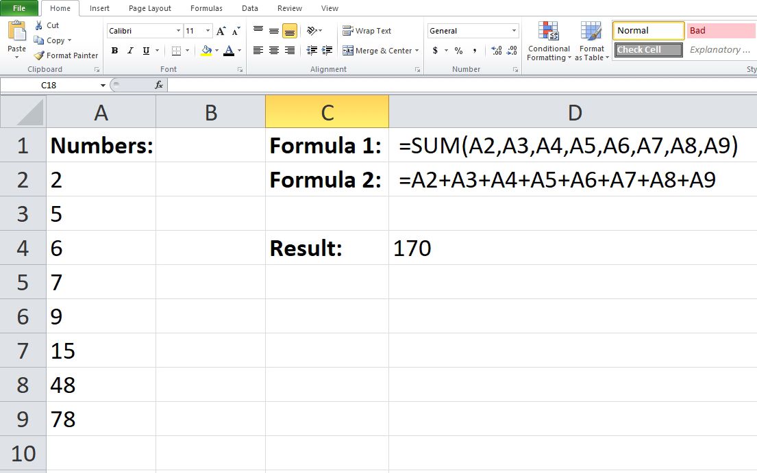 Ввод формулы SUM в ячейке Excel