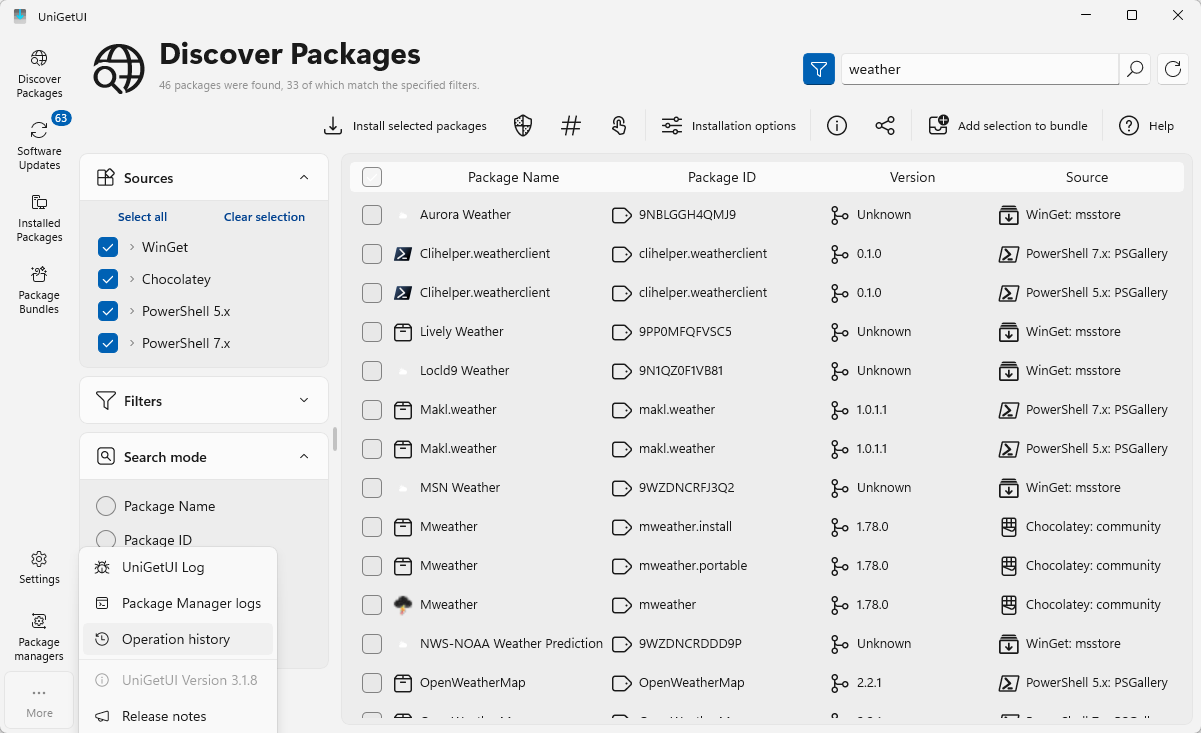 Вкладка Discover Packages в UniGetUI