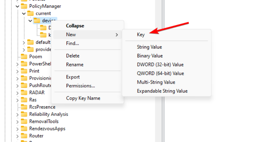 Создание нового ключа в реестре