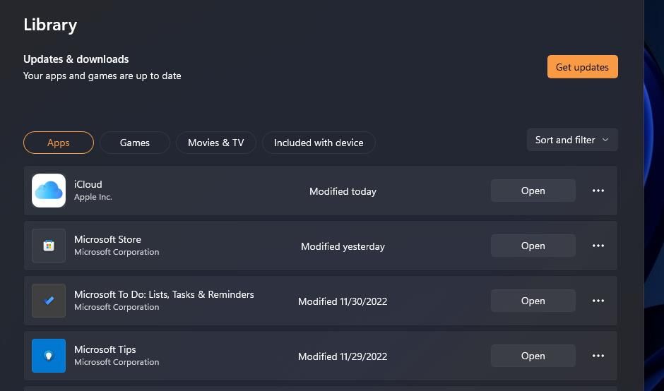 Кнопка Получить обновления в Microsoft Store