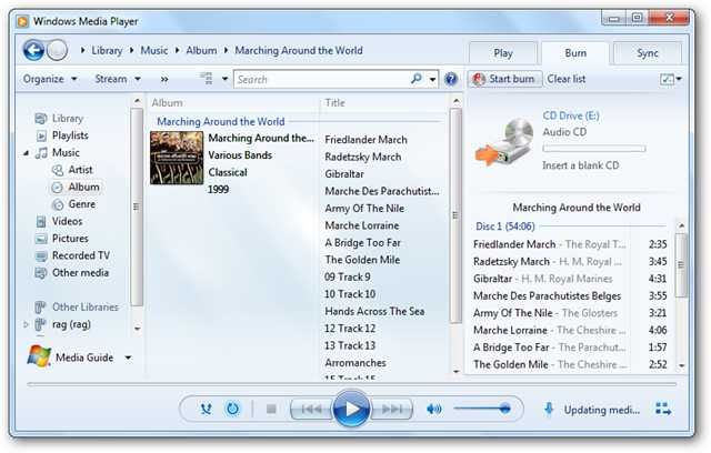 Windows Media Player: запись аудио-CD