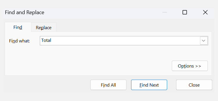 Окно поиска Find в Excel с полем для ввода и кнопками поиска