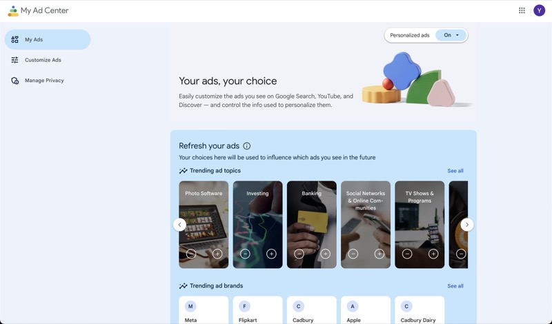 Панель My Ad Center — скриншот