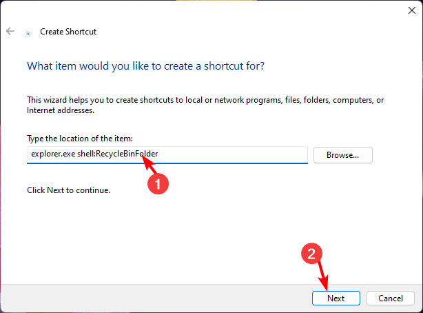 Окно создания ярлыка с путём к Корзине