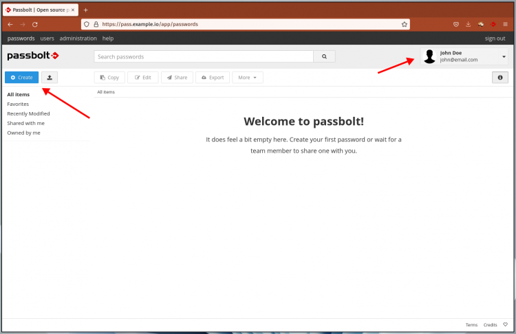 Панель управления пользователя Passbolt