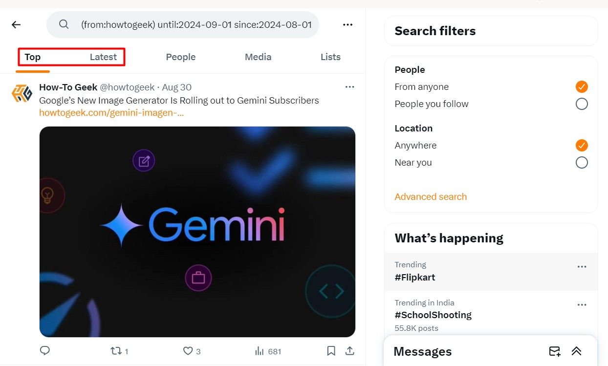 Вкладки 'Top' и 'Latest' на странице результатов поиска X.