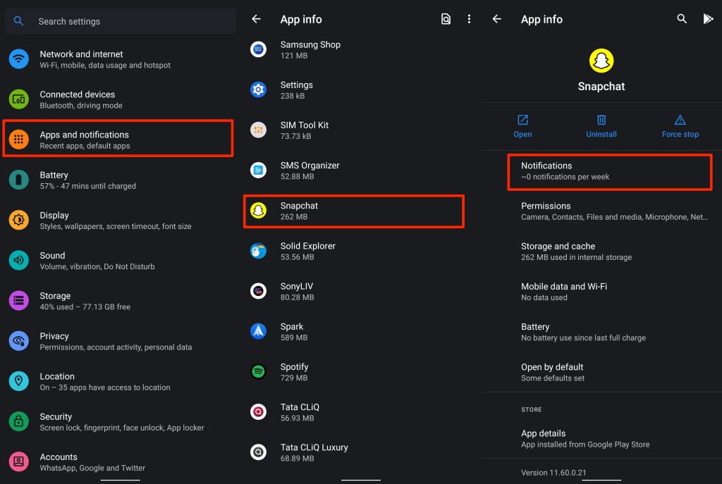 Lista de aplicaciones en Android con opciones de notificaciones para Snapchat