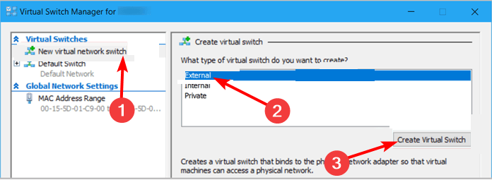 Выбор External для нового виртуального коммутатора