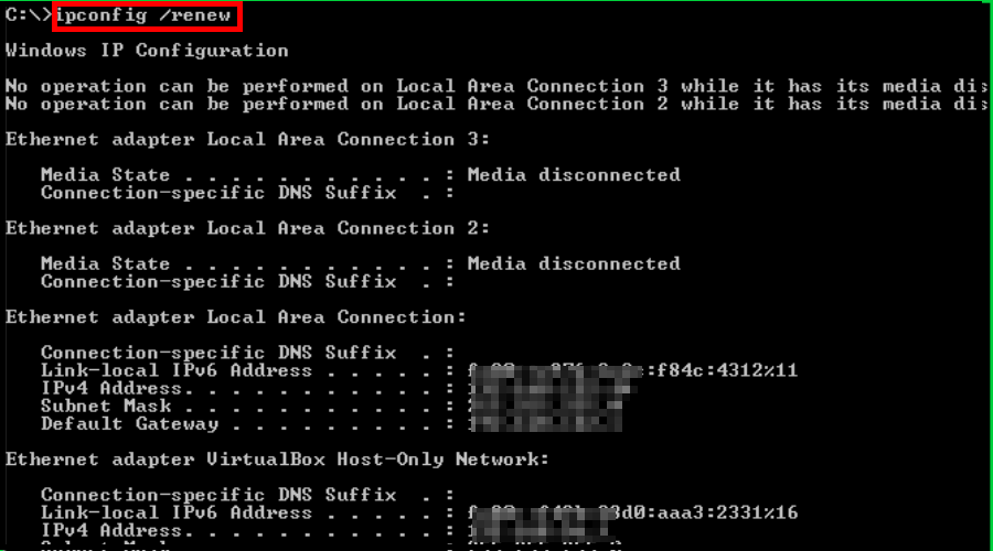 ipconfig /renew 실행 화면