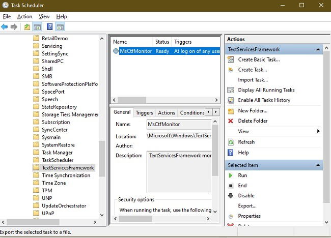 Планировщик заданий с раскрытой веткой TextServicesFramework