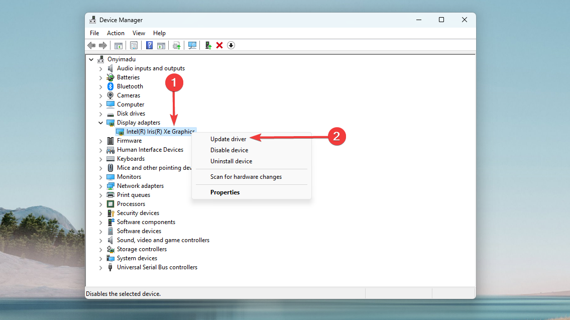 Контекстное меню для обновления драйвера графического адаптера
