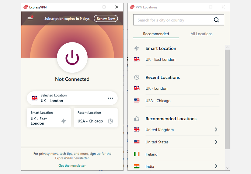 Скриншот меню ExpressVPN и списка серверов, показывающий выбор локаций.