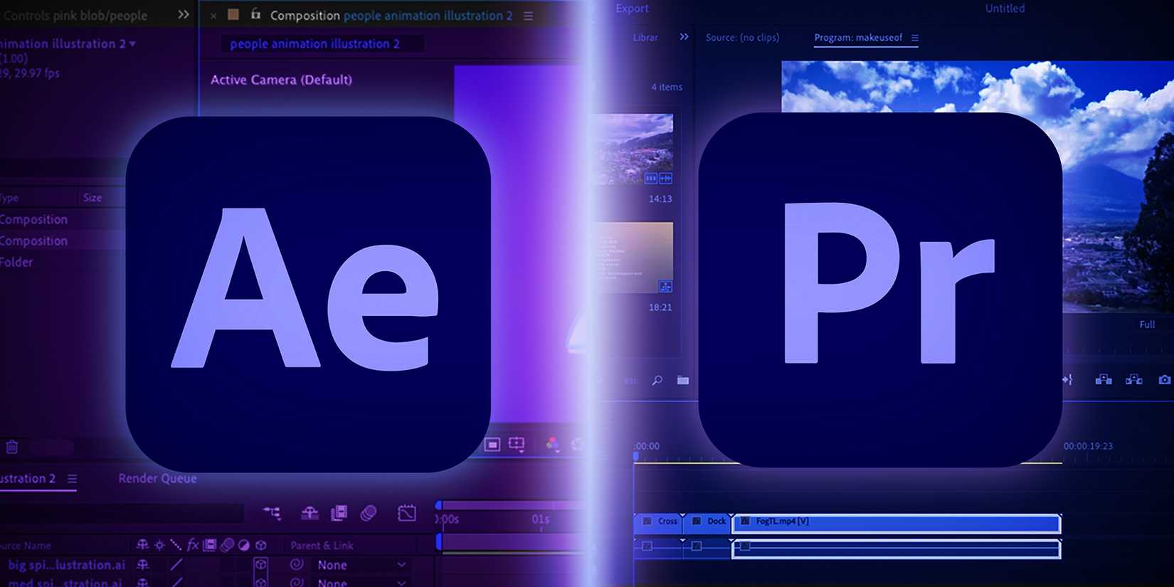 Логотип After Effects рядом с логотипом Premiere Pro на фоне интерфейсов программ.