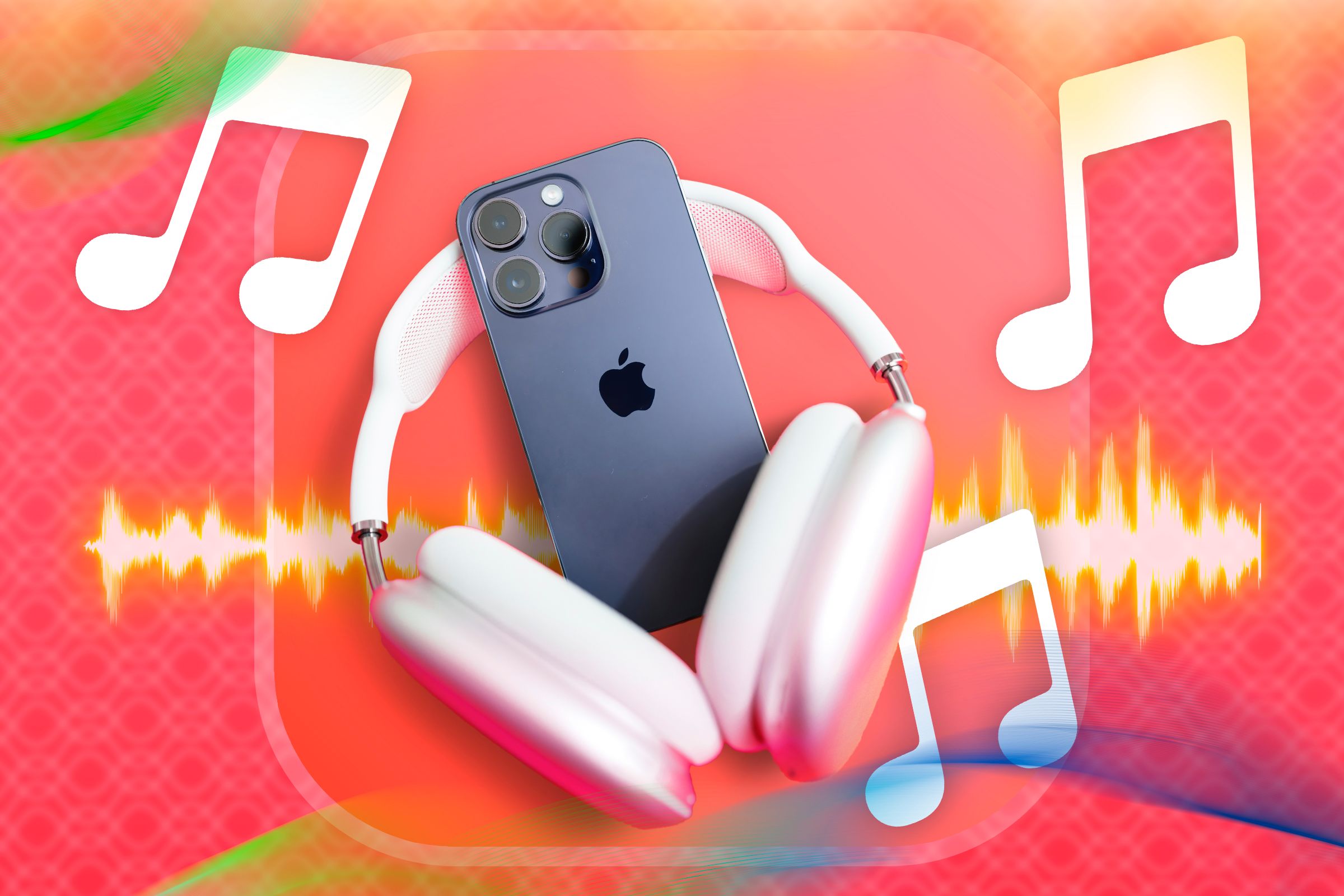 iPhone с AirPods Max и иконками музыки вокруг.