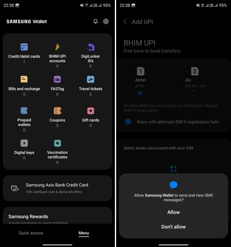 экран настройки bhim upi в samsung wallet