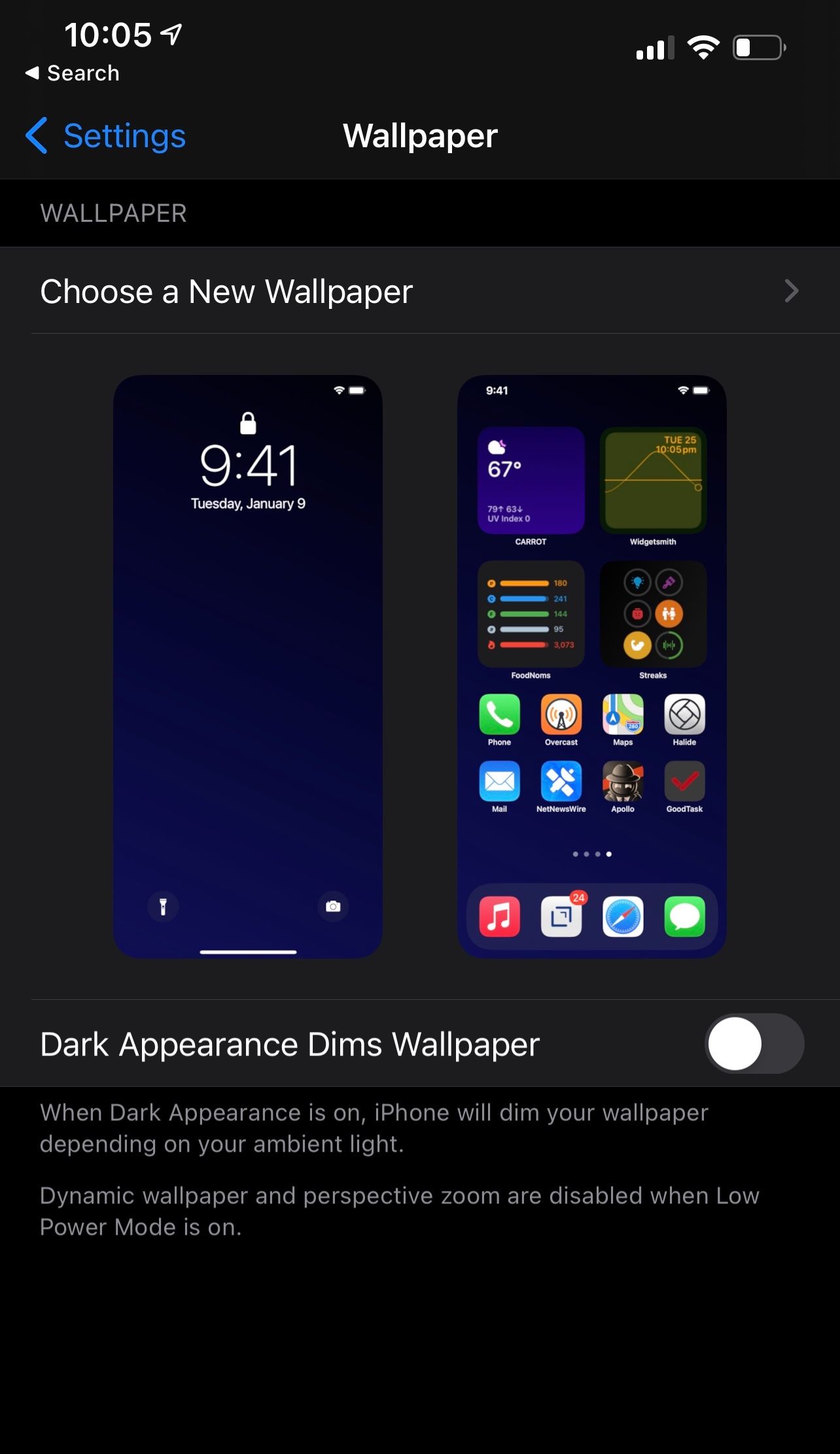 iPhone dark appearance dims wallpaper off