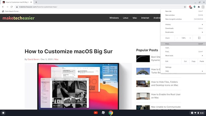 Меню трёх точек в браузере Chrome на Chromebook