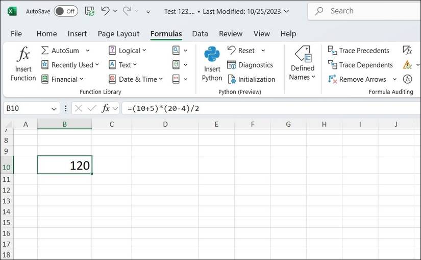 Скриншот: использование Excel как калькулятора (формула со скобками и результат)