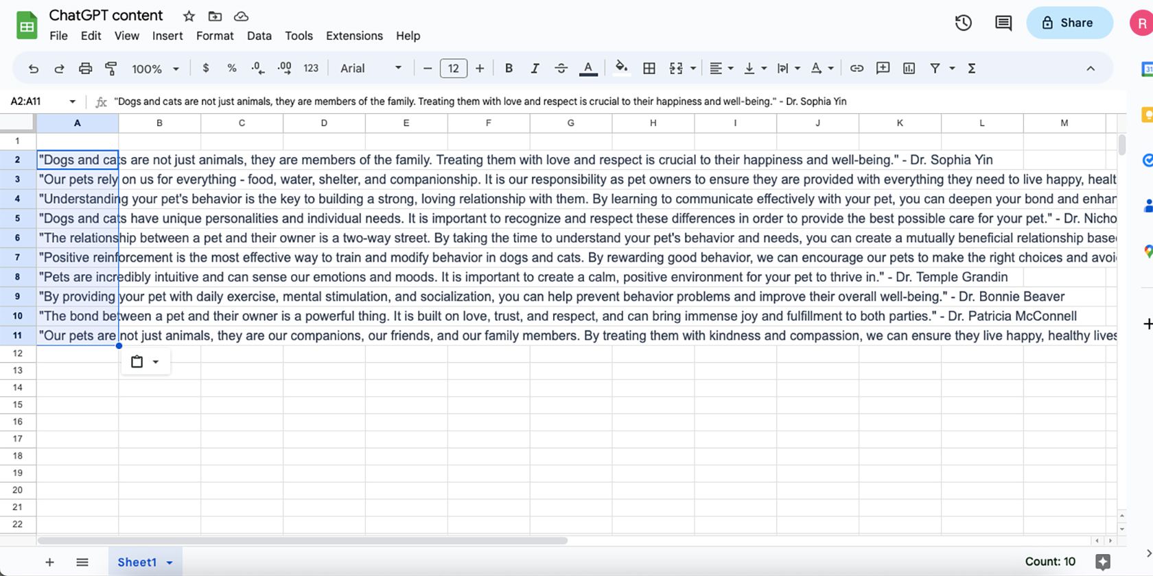 Google Sheets со списком цитат.