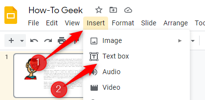 Меню Insert с пунктом Text Box для вставки текстового поля.