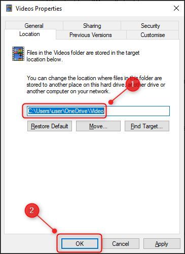 Новое расположение папки в окне свойств
