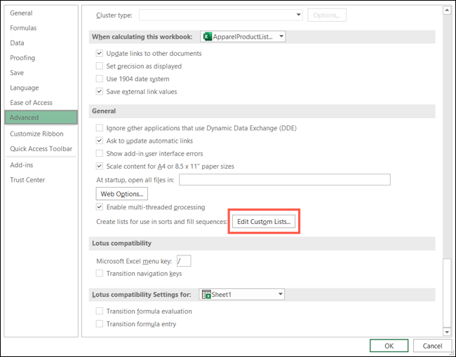 Нажмите Файл, Параметры, Дополнительно, Изменить списки