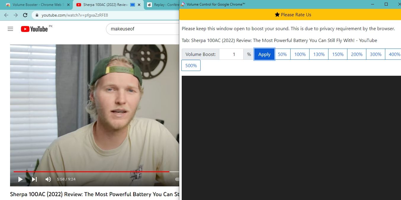 Скриншот расширения Volume Control в Chrome, показан регулятор громкости