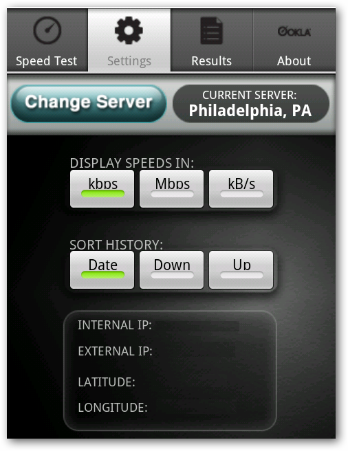 Настройки приложения: выбор сервера и параметры отображения
